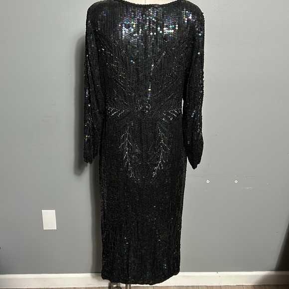 Vintage Silk Sequeen Black Midi Dress with Silk Lining w Slit Made in India M- L - Picture 9 of 17